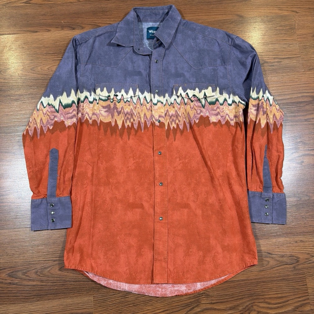 Vintage Wrangler Western Shirt Pearl Snap Mens M Orange Purple Southwest Navajo
